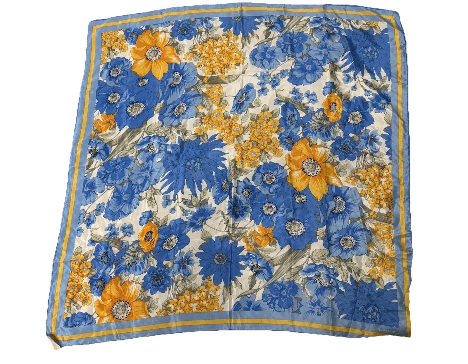Elaine Gold 100 Silk Blue Yellow White Floral Square Scarf Logo Accent